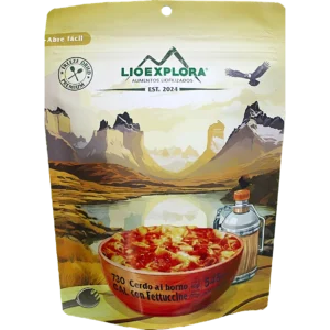 Comida liofilizada cerdo al horno con fetuccini lista para trekking y aventuras outdoor