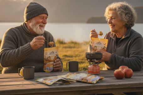 Pareja de adultos mayores alimentándose con comida preparada liofilizada