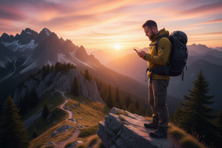 Senderista utilizando un celular en la mitad de la montaña